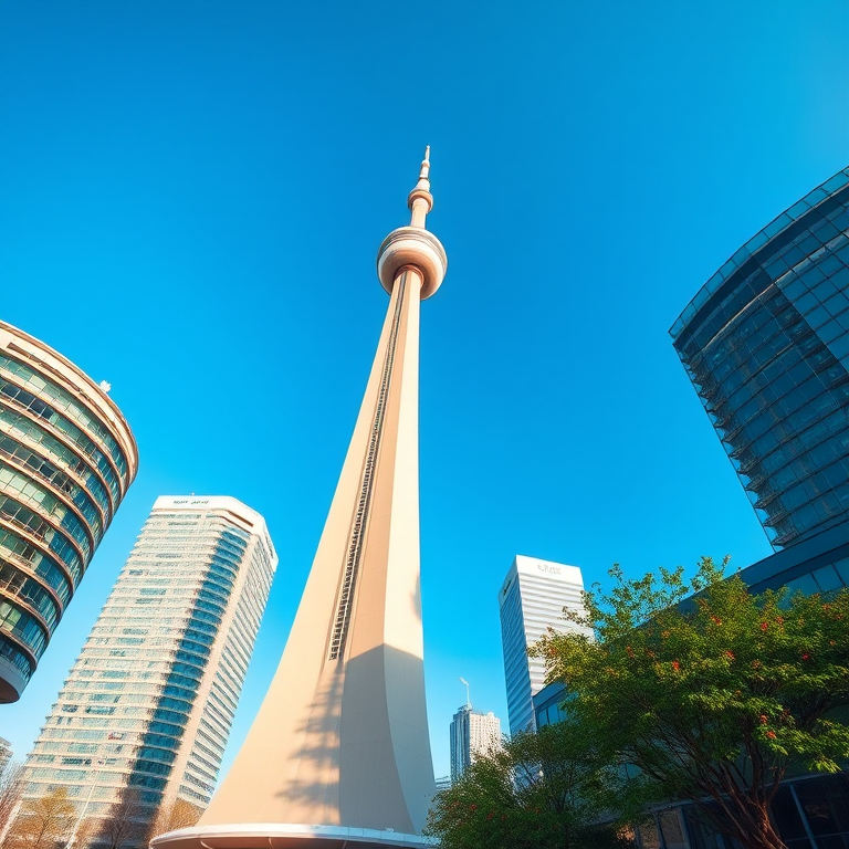 Create a high-resolution image of the CN Tower in Toronto, using a DSLR camera with a 50mm lens, aperture f/8, ISO 100, and a wide-angle perspective to capture the tower's details and surroundings in bright daylight.