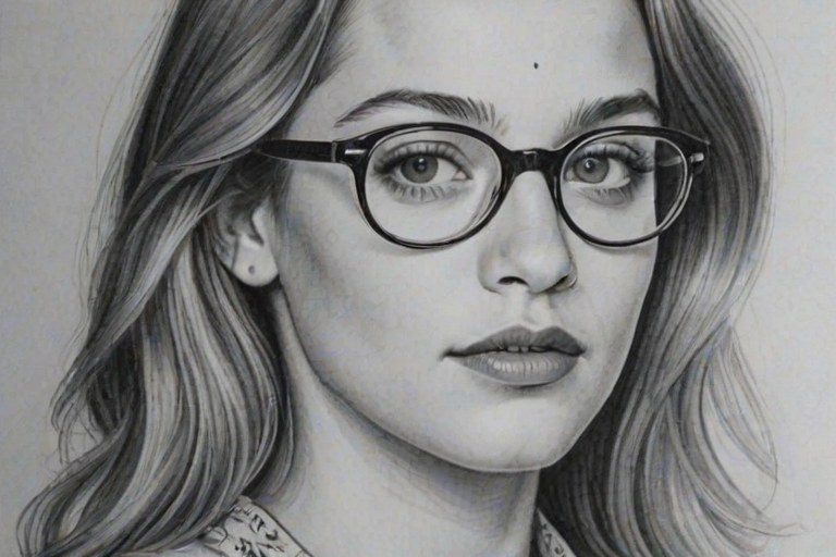 Charming Jemima Kirke, pencil sketch, portrait of Lovely woman 1947s in glasses, hair style beatnik, outline, clear lines, fine lines, 8k