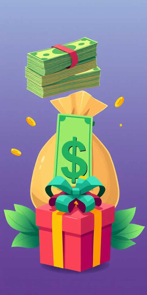 Create a high-quality vector illustration of a stack of cash, a bag of money with a dollar sign, and a gift box in a flat design style with vibrant colors, using a Canon EOS R camera with a 50mm lens, aperture set to f/2.8, ISO 100, at a 45-degree angle for a dynamic view.