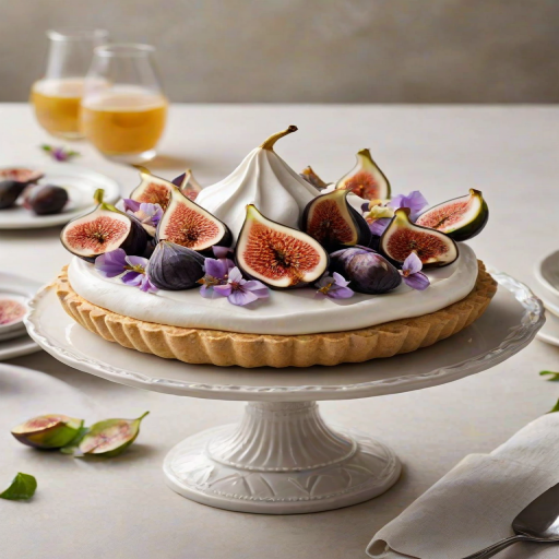 Create an image of an elegantly presented dessert featuring a smooth, creamy meringue topped with fresh figs and delicate edible flowers. The dessert should be arranged on a simple white pedestal dish, set against a neutral background that enhances its colors and textures. The meringue should have a swirled, fluffy appearance, and the overall composition should convey a sense of sophistication and indulgence.