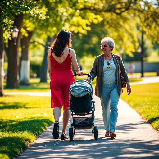 Generate a vibrant scene of a woman in a red dress pushing a stroller while walking alongside an older woman in a casual outfit on a sunny park path, with soft focus for a warm atmosphere, using a DSLR camera with a 50mm lens, aperture f/2.8, ISO 200, and a shallow depth of field.