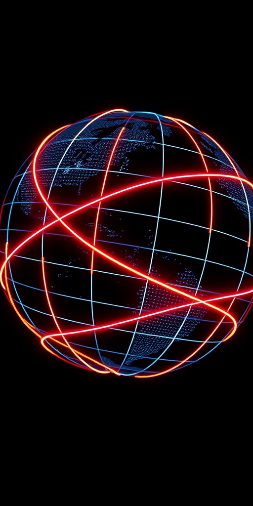 Generate a digitally rendered 3D globe composed of vibrant, intersecting grid lines in a dark background, using a Canon EOS R5 with an 85mm f/1.2 lens, aperture set at f/2.8, ISO 100, and a long exposure of 5 seconds to create a glowing effect around the grid lines.
