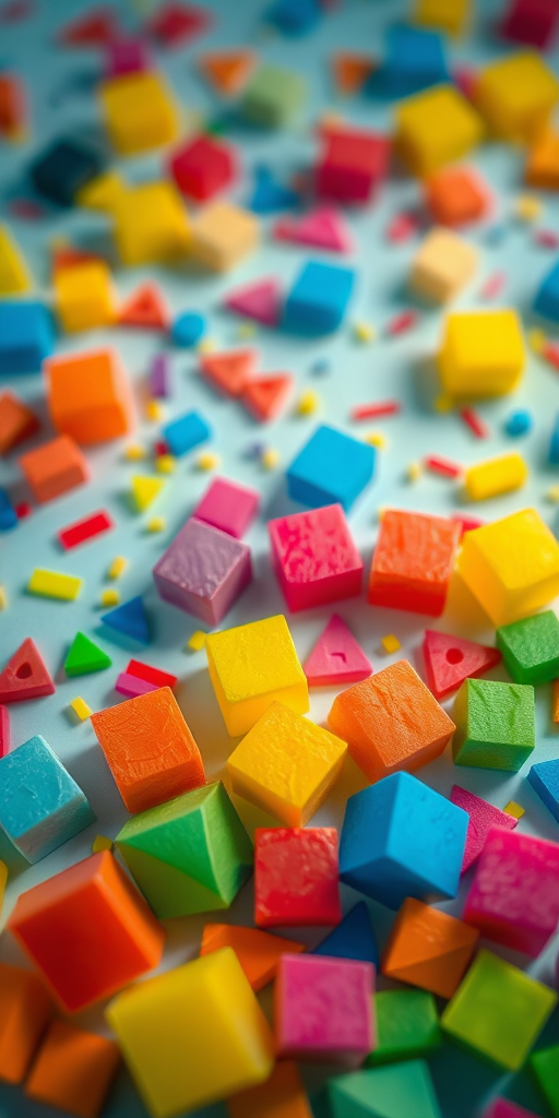 Create a vibrant, high-resolution image of colorful geometric shapes scattered playfully, captured with a Canon EOS R5 at f/2.8, ISO 100, 1/200s shutter speed, top-down view, using a macro lens to enhance detail and clarity.