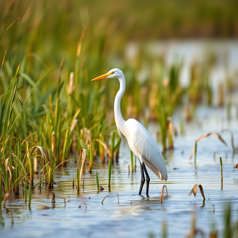 Great egret standing in shallow water surrounded by tall grass, captured with a Canon EOS 5D Mark IV, 300mm lens, f/4 aperture, ISO 200, shot at 1/1000 sec, natural lighting, shallow depth of field for background blur.