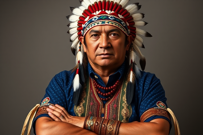 Create a dignified portrait of a Native American man dressed in traditional attire. He wears a beautifully crafted headdress adorned with white feathers and red beads, along with a beaded headband featuring intricate patterns. His clothing includes a deep blue, patterned shirt and a traditional chest piece with detailed beadwork. His arms are crossed, displaying leather armbands decorated with feathers. The background is simple and neutral, emphasizing his proud and stoic expression. The overall image captures the rich cultural heritage and strength of his persona.