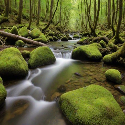 a serene flowing stream with smooth water over moss-covered rocks, surrounded by lush greenery and fallen branches, capturing the essence of nature's tranquility