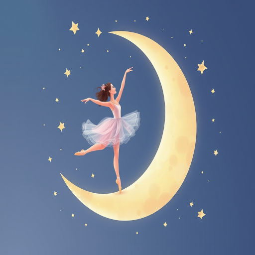Create an illustration of a ballerina gracefully dancing on a crescent moon, surrounded by whimsical stars, use a soft pastel color palette, shot with a 50mm lens at f/2.8 aperture, in natural light, and a high-resolution digital format.