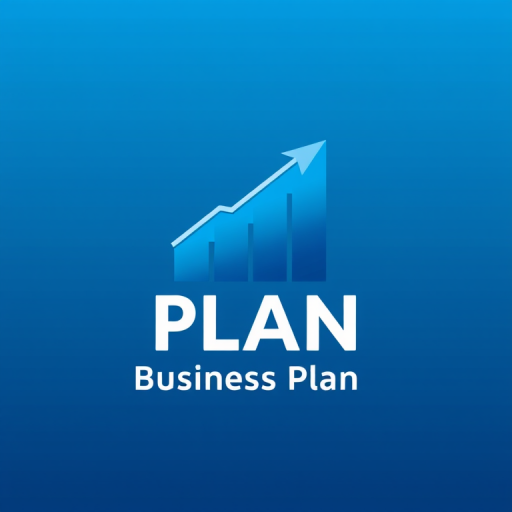 Create a sleek and modern logo for a business plan featuring a stylized upward arrow and blue gradient bar graph, captured with a Canon EOS 5D Mark IV at f/2.8, ISO 100, 50mm lens, shot from a top-down perspective with natural lighting for clarity and depth.