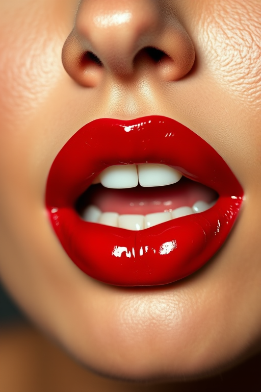 Captivating woman lips featuring a glossy cherry red lipstick, juicy and vibrant, full and pouty, reminiscent of classic Hollywood glamour