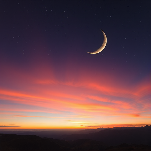 Create a high-resolution image of a surreal landscape featuring a crescent moon and a vibrant sunset, with distant mountains and starry sky, captured with a Canon EOS R5 using a 24mm f/1.4 lens, at ISO 800, shutter speed 15s, aperture f/2.8, in a wide-angle view to enhance depth and clarity.