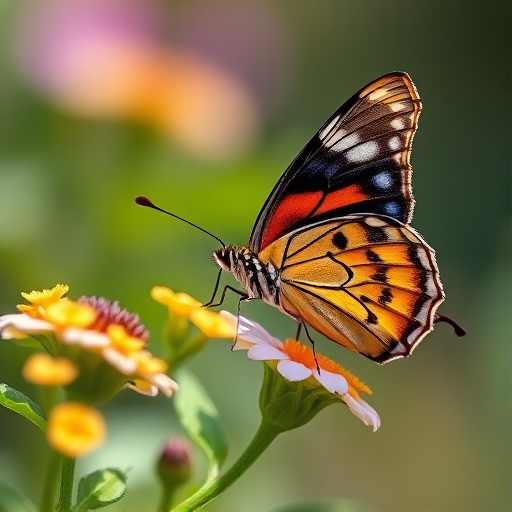 Capture a close-up of a butterfly resting on a flowering plant with a shallow depth of field, using a DSLR camera, 85mm lens, aperture set to f/2.8, ISO 200, and a shutter speed of 1/500 seconds for vibrant colors and sharp details.