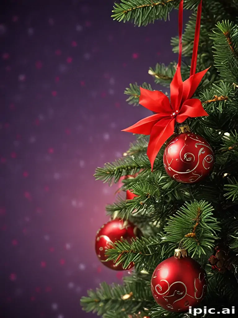 Festively Decorated Christmas Tree with Red Ornaments and Poinsettia Flower