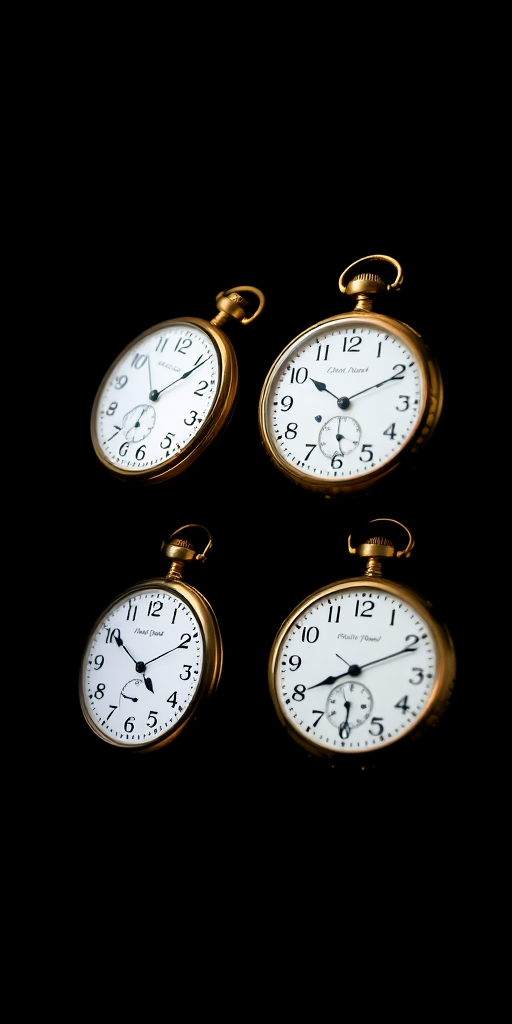 Capture a dynamic composition of four vintage pocket watches in motion, using a DSLR camera with a 50mm lens, settings: f/2.8 aperture, ISO 100, shutter speed 1/60s, slow-motion blur effect, illuminated against a black background for heightened contrast.