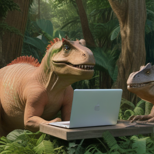 Dinosaurs in the jungle working with computers and javascript