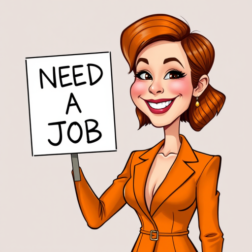 caricature of a smiling Emma Stone in a Tangerine dress or suit, holding up a sign that says "NEED A JOB", no watermark,