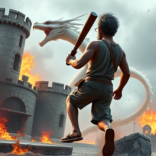 Cartoon 3D High-Resolution,dynamic battle scene using Unreal Engine 5 and Octane Render. The scene features back of an elderly, thai man with a beard,messy hair and round golden-rimmed glasses. He is wearing a tattered tank top with soot marks, shorts, and sandals. sweating. he wields a baseball bat. He jump to fight with a white fire-breathing Europe dragon amidst a partially destroyed stone castle. Include intense flames, smoke, and debris to enhance the dramatic effect.