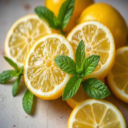 high-resolution image of fresh lemon slices with mint leaves, macro shot, f/2.8 aperture, ISO 100, 50mm lens, soft natural lighting, shallow depth of field, vibrant colors, on a neutral background