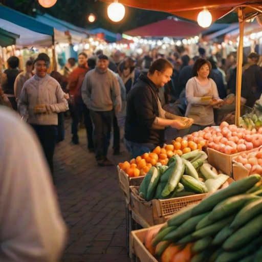 Blurry candid shot of a crowded farmer’s market at dawn, with soft light from hanging lanterns reflecting off fresh produce, and vendors blurred in motion as they set up their stalls.