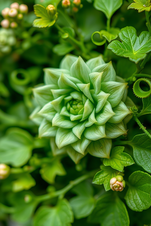 Regenerate an intricate floral design with swirling green vines and leaves, using a macro lens at f/2.8 for shallow depth of field, ISO 200, shutter speed 1/125s, captured in natural daylight, using a DSLR camera for high-quality detail.