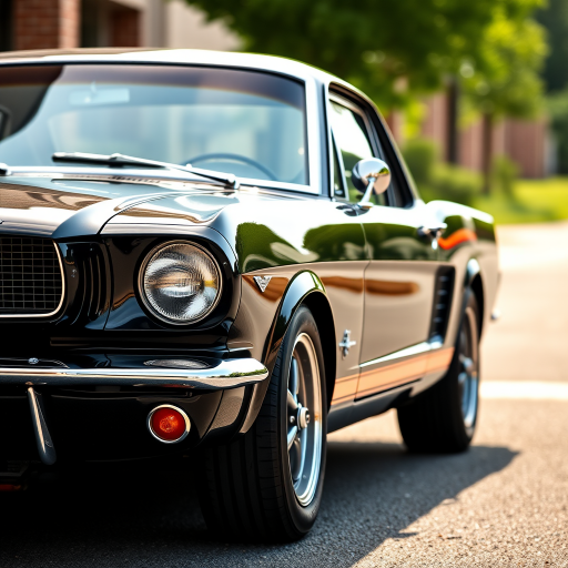Generate a high-resolution side view of a classic black Ford Mustang 1965 with detailed reflections and highlights, shot with a DSLR camera at f/8 aperture, 1/125s shutter speed, ISO 100, in natural daylight, using a 50mm lens.