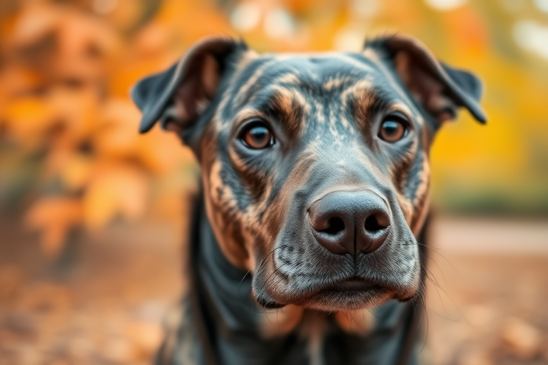 Close-up portrait of a brindle dog with a soft focus on autumn leaves in the background, 50mm lens, f/1.8 aperture, ISO 200, natural lighting, DSLR camera, shot from eye level.