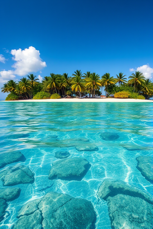 Regenerate an image of a clear tropical lagoon with vibrant turquoise water and visible coral reefs, lush green pine trees lining the shore, captured with a Canon EOS 5D Mark IV, using a wide-angle lens at f/8, ISO 100, and a shutter speed of 1/125 sec, in bright daylight from a low angle to enhance clarity and colors.