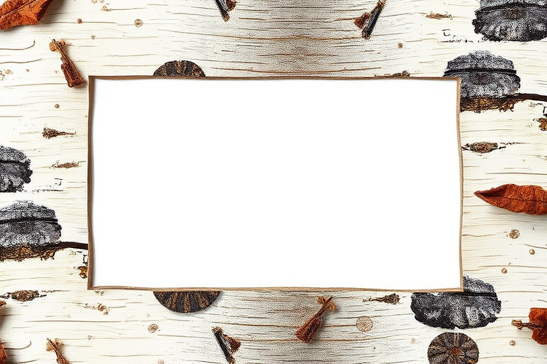 Create an empty rectangular frame with a birch bark design, captured using a DSLR camera with a 50mm lens, f/1.8 aperture, ISO 100, in soft natural light to enhance detail and texture.