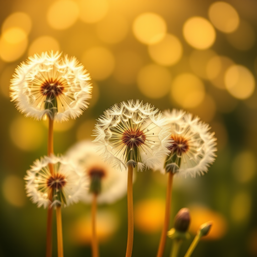 generate an artistic illustration of dandelion flowers with round shapes in the background using a DSLR camera, 50mm lens, f/2.8 aperture, ISO 100, natural light, shallow depth of field, high-resolution digital format