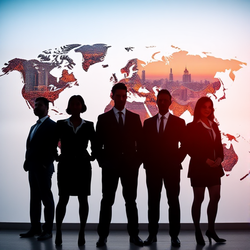 Create an image of five silhouetted business professionals standing in front of a world map, with their outlines filled with vibrant cityscape images, captured using a Canon EOS 5D Mark IV, aperture f/4, ISO 100, 50mm lens, in a portrait orientation, with soft natural lighting for enhanced detail and quality.