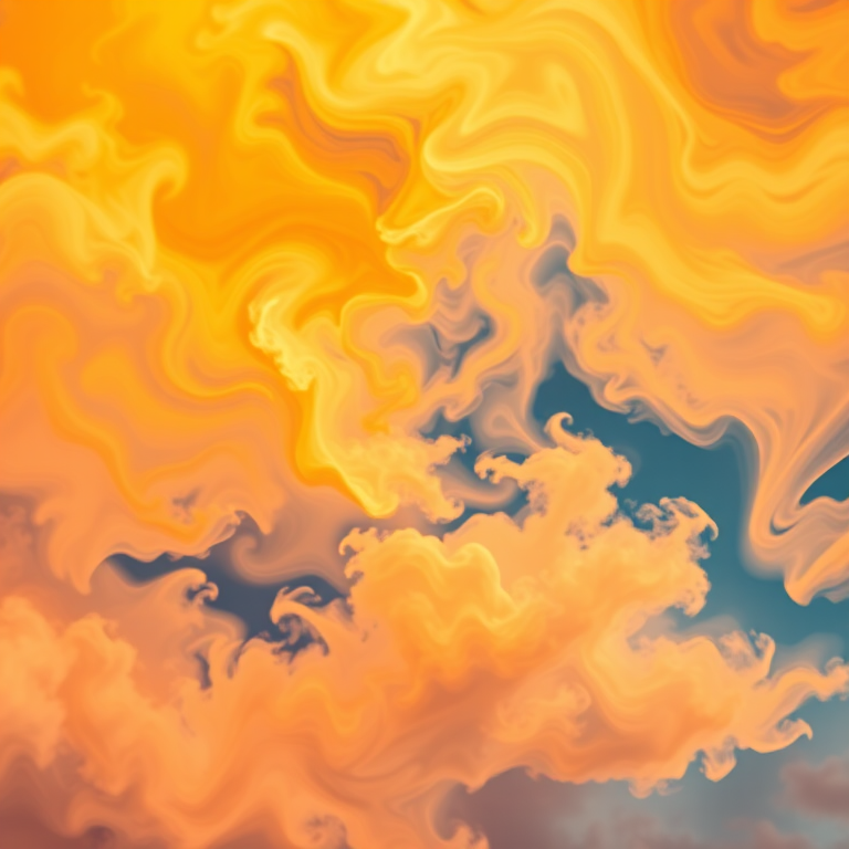 Generate an abstract representation of colorful swirling clouds in shades of orange and blue, capturing a sense of motion and depth, using a DSLR camera with a 50mm lens, aperture f/1.8, ISO 100, shot in natural light, with a soft focus and high dynamic range settings.
