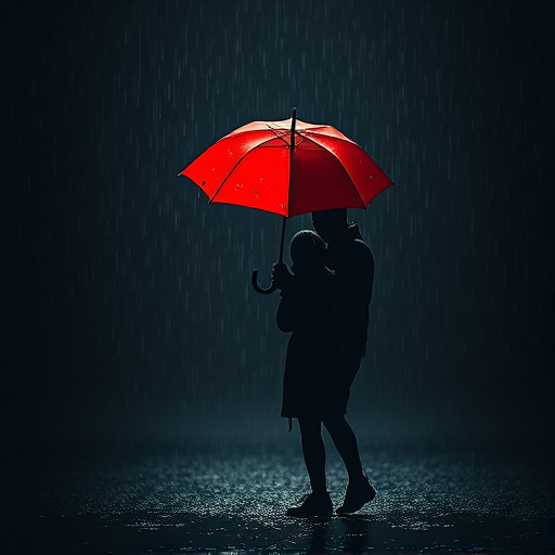 Create an image of two silhouetted figures sharing a red umbrella in the rain, captured with a 50mm lens at f/1.8 for a shallow depth of field, ISO 200, 1/125 sec exposure, in a high-contrast, vibrant digital style against a dark, textured background, simulating a soft-focus bokeh effect.