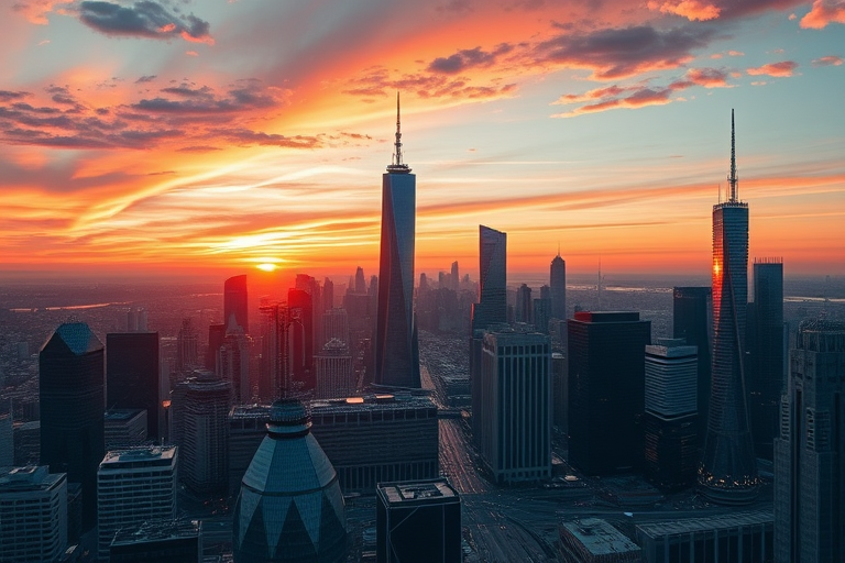 Generate a crisp and detailed image of a futuristic city skyline at sunset with vibrant colors, 35mm lens, f/8 aperture, ISO 200, shot from a high vantage point, using a DSLR camera to enhance clarity and depth.