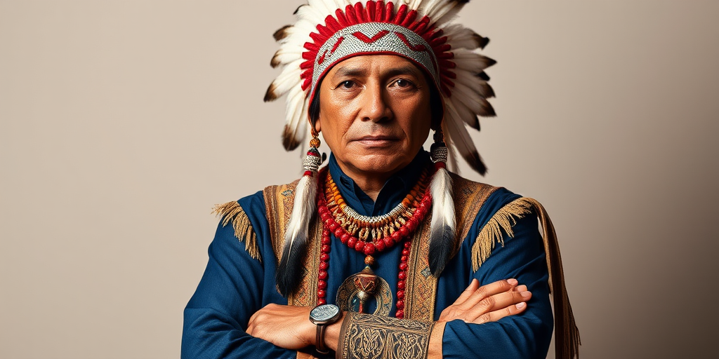 Create a dignified portrait of a Native American man dressed in traditional attire. He wears a beautifully crafted headdress adorned with white feathers and red beads, along with a beaded headband featuring intricate patterns. His clothing includes a deep blue, patterned shirt and a traditional chest piece with detailed beadwork. His arms are crossed, displaying leather armbands decorated with feathers. The background is simple and neutral, emphasizing his proud and stoic expression. The overall image captures the rich cultural heritage and strength of his persona.