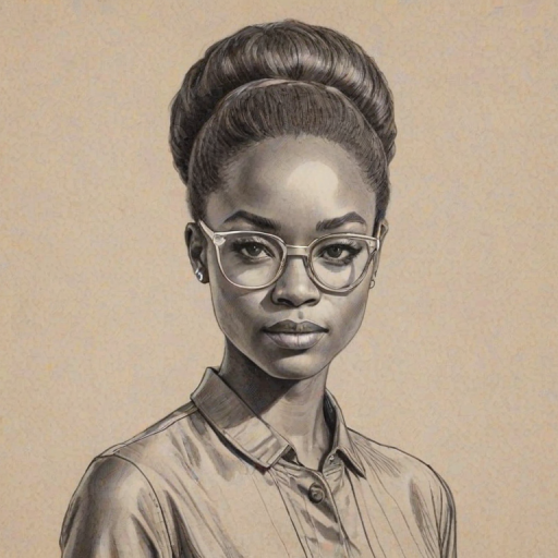 Fetching Amanda Gorman, pencil sketch, portrait of Gorgeous woman 1960s in glasses, hair style beatnik, outline, clear lines, fine lines, 8k