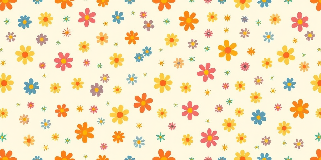 Create a seamless pattern featuring small colorful flowers scattered across a light cream background with a whimsical and cheerful design.