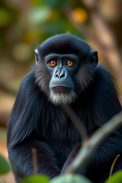 a close-up shot of a black gibbon sitting in a natural setting with a blurred background, taken with a Canon EOS R5, 85mm lens, f/1.8 aperture, ISO 200, shutter speed 1/250s, natural light, high detail and vibrant colors