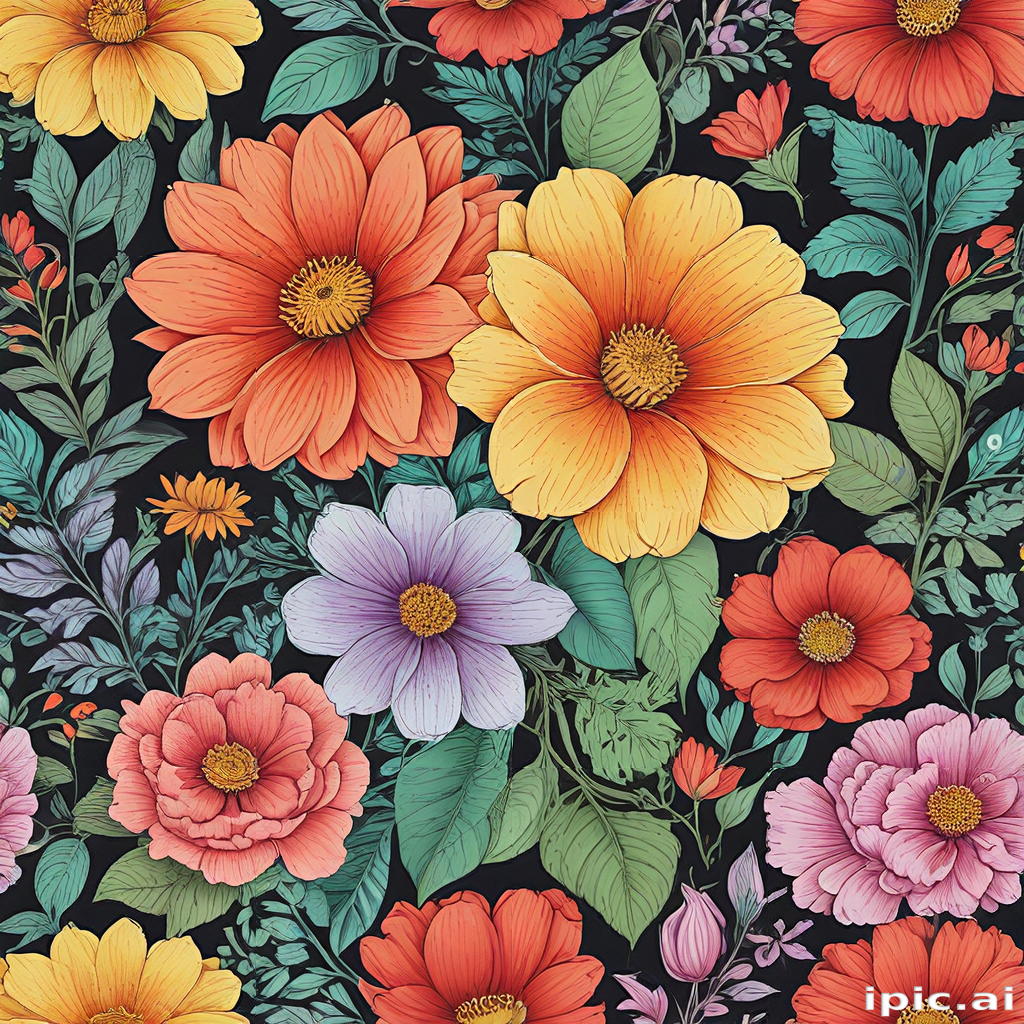 Vibrant Floral Pattern Featuring Colorful Blooms Against a Dark Background