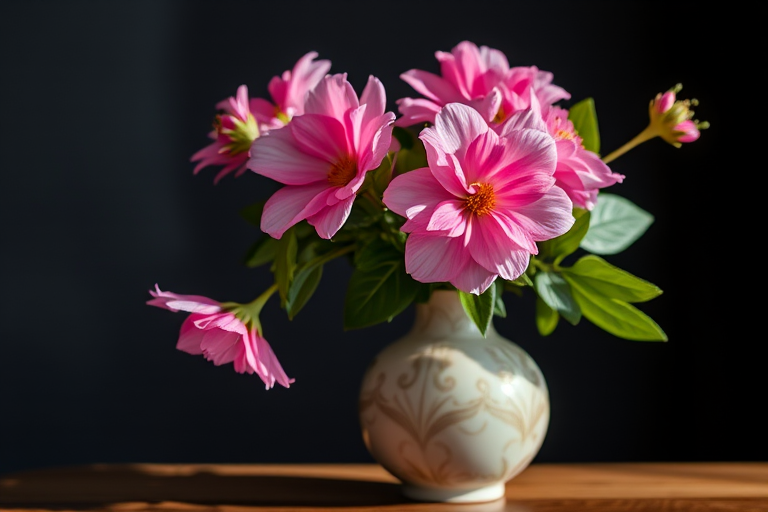 Regenerate the image of a decorative vase with pink flowers and green leaves against a dark background using a DSLR camera in macro mode, aperture f/2.8, ISO 100, 50mm lens, soft natural lighting.