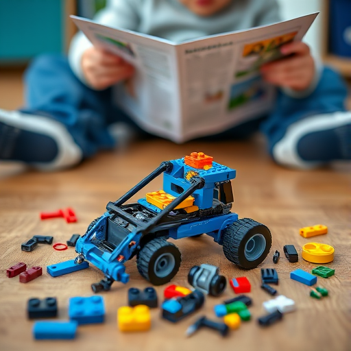Close-up shot of a child assembling a blue and black LEGO model from instructions, with scattered LEGO pieces and wheels on a wooden floor, taken with a Canon EOS R5, 24mm lens, f/2.8 aperture, 1/60s shutter speed, natural light.