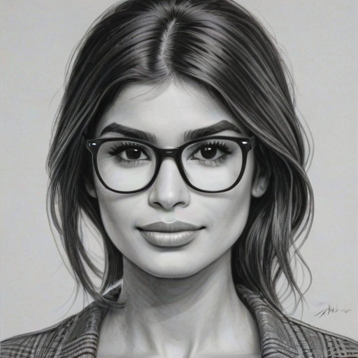 Bewitching Diane Guerrero, pencil sketch, portrait of Comely woman 1969s in glasses, hair style beatnik, outline, clear lines, fine lines, 8k