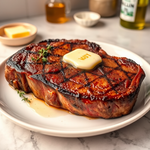Create an image of a perfectly seared ribeye steak, resting on a white plate with a pat of melting butter on top. The steak is seasoned with fresh herbs like thyme and parsley, with glistening juices highlighting the texture of the meat. The background features a soft focus on a light, marble countertop, with a small dish of butter and an olive oil bottle in the distance. The overall mood should be warm and inviting, capturing the deliciousness and juiciness of the steak.