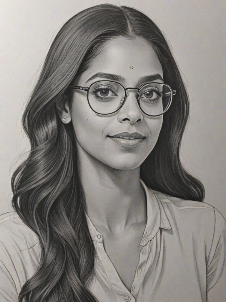 Gorgeous Lilly Singh, pencil sketch, portrait of Graceful woman 1929s in glasses, hair style beatnik, outline, clear lines, fine lines, 8k