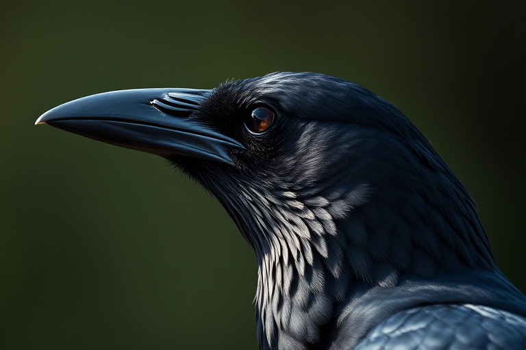 captivating close-up shot of a raven's profile, shallow depth of field, ISO 100, f/2.8, 85mm lens, natural lighting, taken with a DSLR camera, high-resolution details