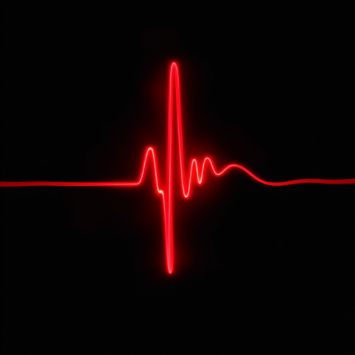 Create an abstract representation of a heartbeat waveform in vibrant red with glowing effects against a dark background, using a macro lens with a shallow depth of field at f/2.8, ISO 100, shutter speed 1/200s, and a high-resolution digital camera.