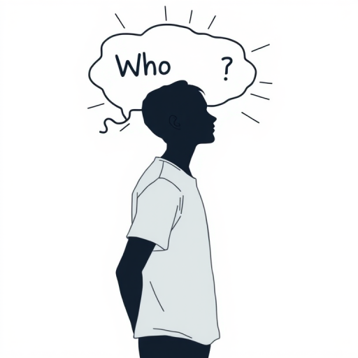 Create a high-resolution digital illustration of a person standing in profile, with a thought bubble containing the text "Who am I ?," surrounded by abstract lines; use a Canon EOS R5, 50mm lens, f/1.8 aperture, ISO 100, soft lighting, and a minimalistic background for clarity.