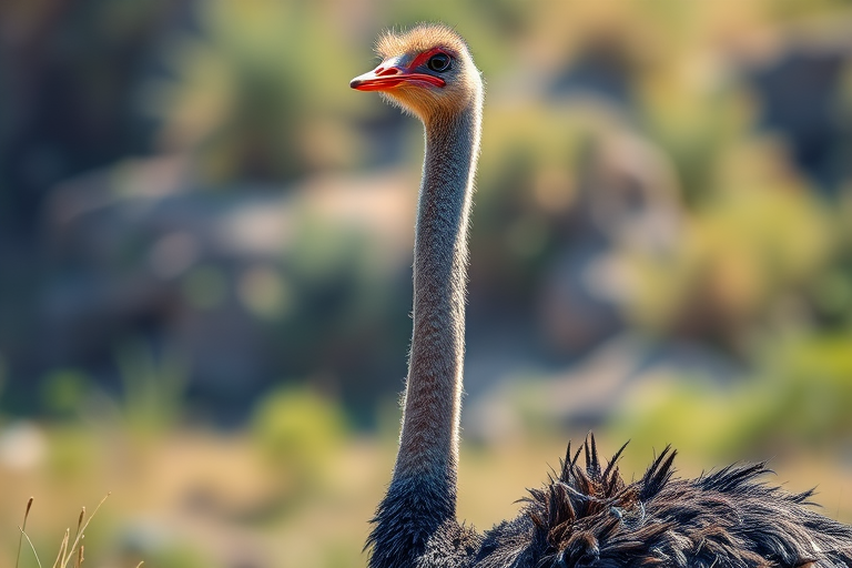 Create a realistic illustration of an ostrich standing upright in a natural setting, focus on detailed textures of the feathers, use a shallow depth of field with a 50mm lens at f/2.8, shot with a DSLR camera in daylight to enhance colors and shadows.