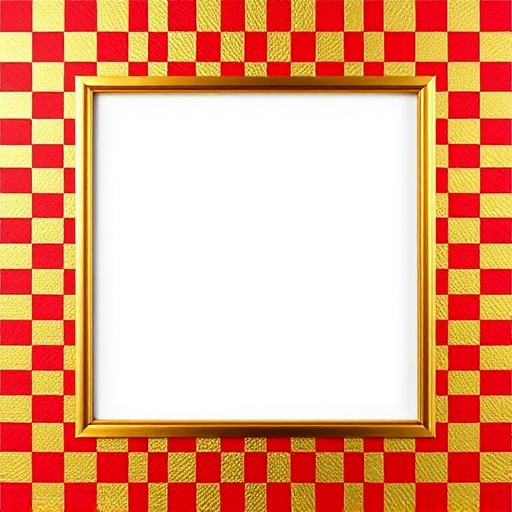 Create a vibrant rectangular frame with alternating gold and red checkered patterns, high resolution, 50mm lens, f/2.8 aperture, ISO 100, shot from a front view using a DSLR camera.