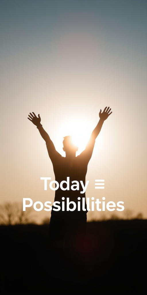 Create a silhouette of a person standing with arms raised against a bright sun, with the text "Today = Possibilities" in an inspiring font, use a shallow depth of field for a soft background, 50mm lens, f/1.8 aperture, ISO 100, shot in natural light for enhanced clarity and vibrancy.
