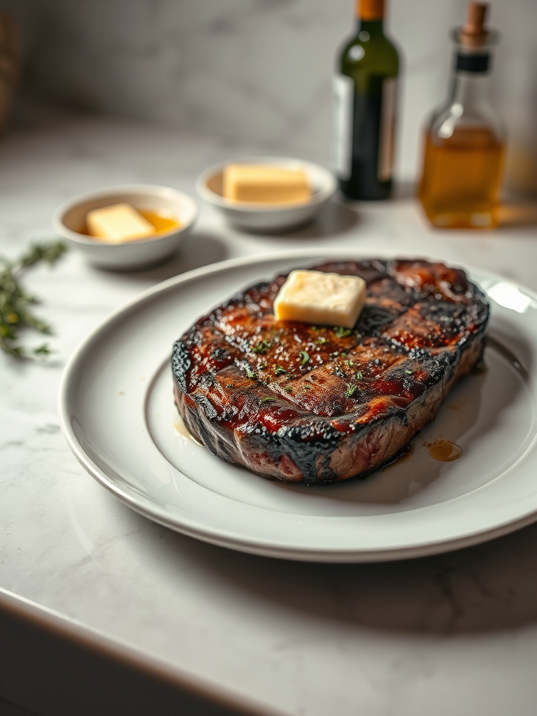 Create an image of a perfectly seared ribeye steak, resting on a white plate with a pat of melting butter on top. The steak is seasoned with fresh herbs like thyme and parsley, with glistening juices highlighting the texture of the meat. The background features a soft focus on a light, marble countertop, with a small dish of butter and an olive oil bottle in the distance. The overall mood should be warm and inviting, capturing the deliciousness and juiciness of the steak.