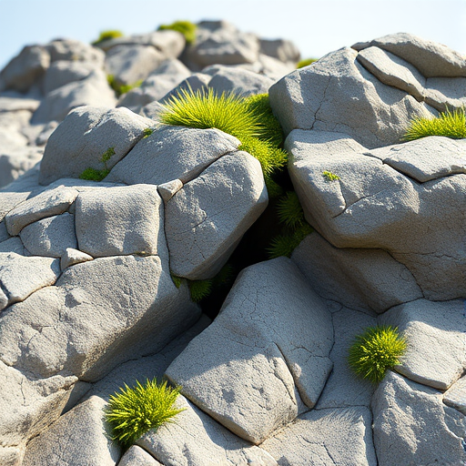 Create a realistic 3D render of a textured rock formation with greenery emerging from its crevices, captured using a Canon EOS R5 with a 50mm f/1.2 lens, aperture set to f/8, ISO 100, and a low-angle view to emphasize depth and detail, in natural light for enhanced color vibrancy and shadow contrast.